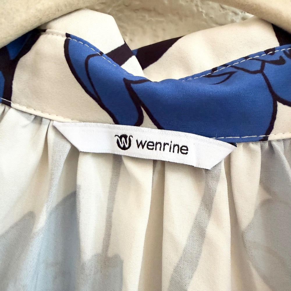 Wenrine Blue White Floral Button Up Tiered Shirt Dress Size Medium RT1078 - Picture 6 of 11